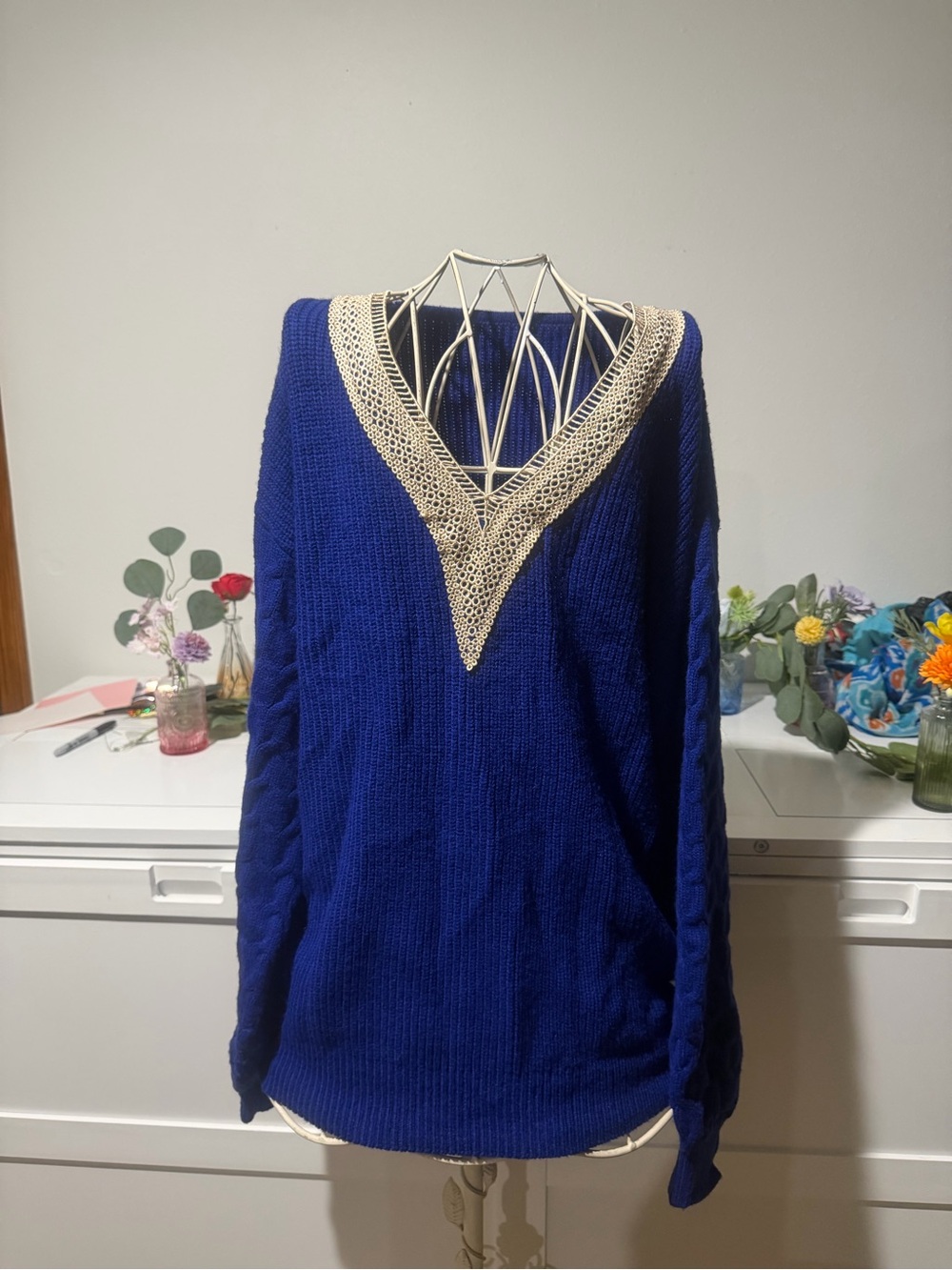 Women's Royal Blue V-Neck Sweater with Crochet Trim